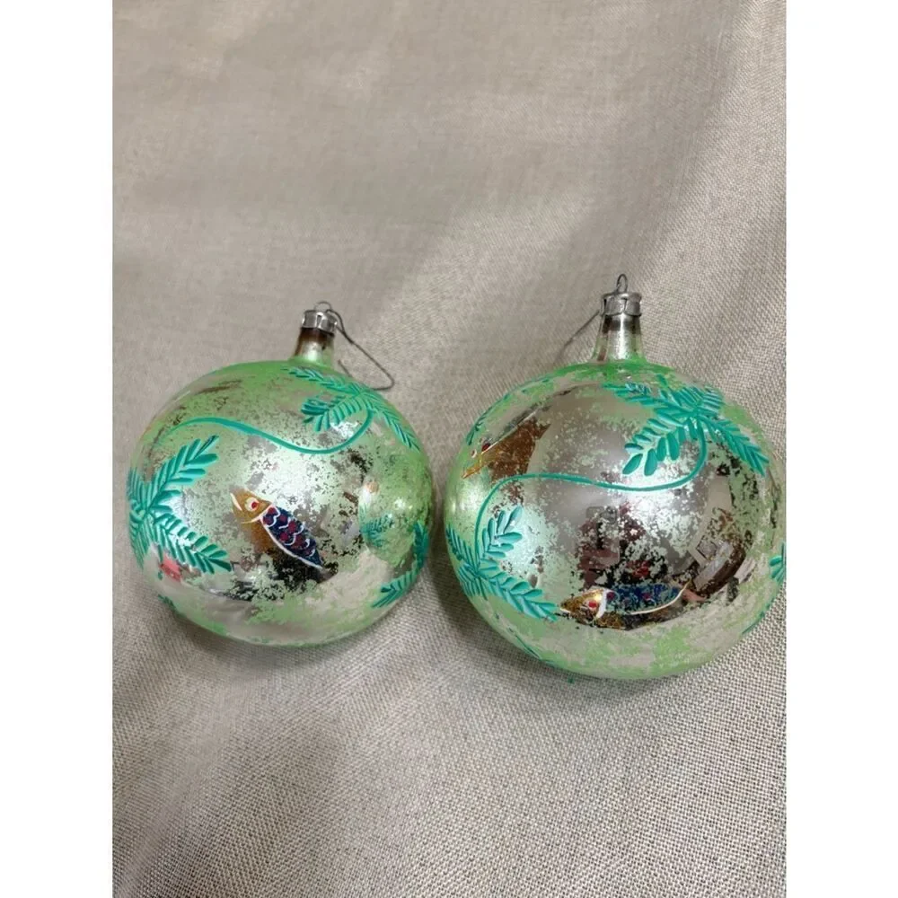 Vintage Glass Ornaments Set 2 Hand Painted Fish Mercury Style approx 4” diameter